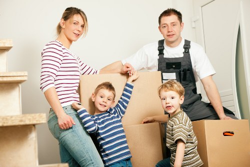 Packed office furniture and equipment ready for a Stockwell business move