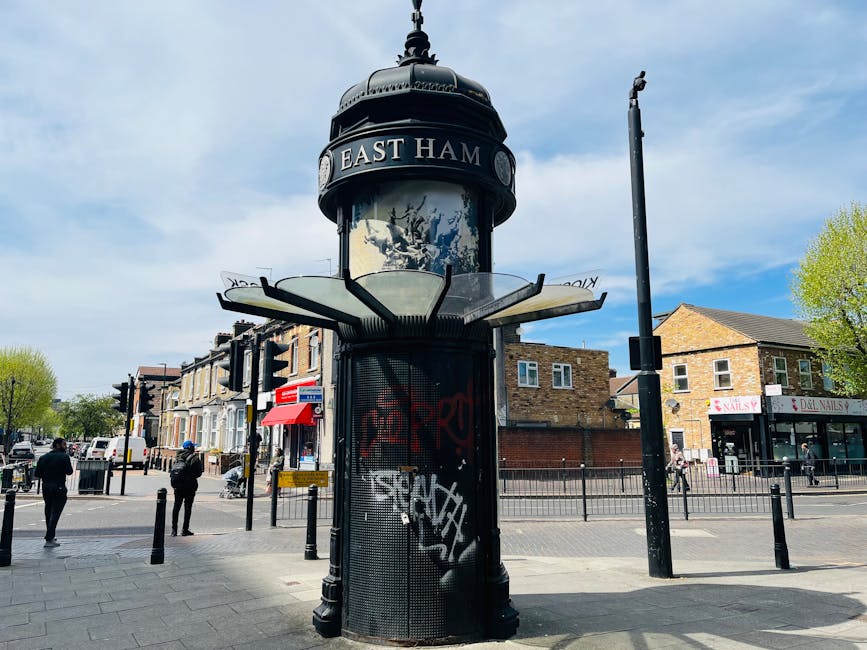 Exterior view of the East Ham signpost situated on a street corner with a round clock at the top, displaying the name 'East Ham.' The signpost is black with a decorative top and is mounted on a cylindrical base covered with black mesh and graffiti. In the background, there are residential and commercial buildings, including a nail salon with a red sign, a couple of small shops, and a traffic light. Several pedestrians are visible walking on the pavement, and the sky above is partly cloudy with patches of blue. The scene is well-lit, capturing a typical urban environment which can relate to house removals and moving logistics in the vicinity of Stockwell, as handled by Stockwell Movers.